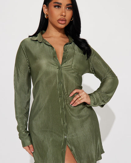 Fashion Nova Lisa Plisse Long Sleeve Women's Shirt Dress