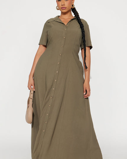Fashion Nova Elsa Women's Woven Shirt Maxi Dress Olive