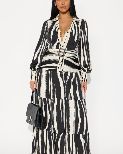Fashion Nova Jasline Striped Women's Maxi Shirt Dress Black/White