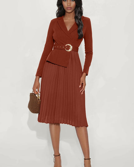 Fashion Nova Valli Collar Pleated Long Sleeve Women's Midi Dress