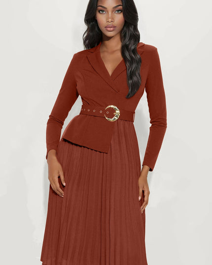 Fashion Nova Valli Collar Pleated Long Sleeve Women's Midi Dress