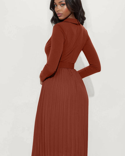 Fashion Nova Valli Collar Pleated Long Sleeve Women's Midi Dress