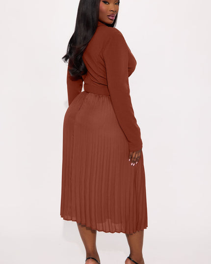 Fashion Nova Valli Collar Pleated Long Sleeve Women's Midi Dress
