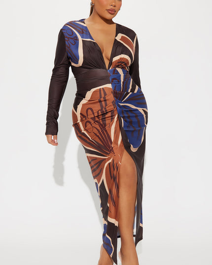 Fashion Nova Kamille Women's Ruched Abstract Print Maxi Dress